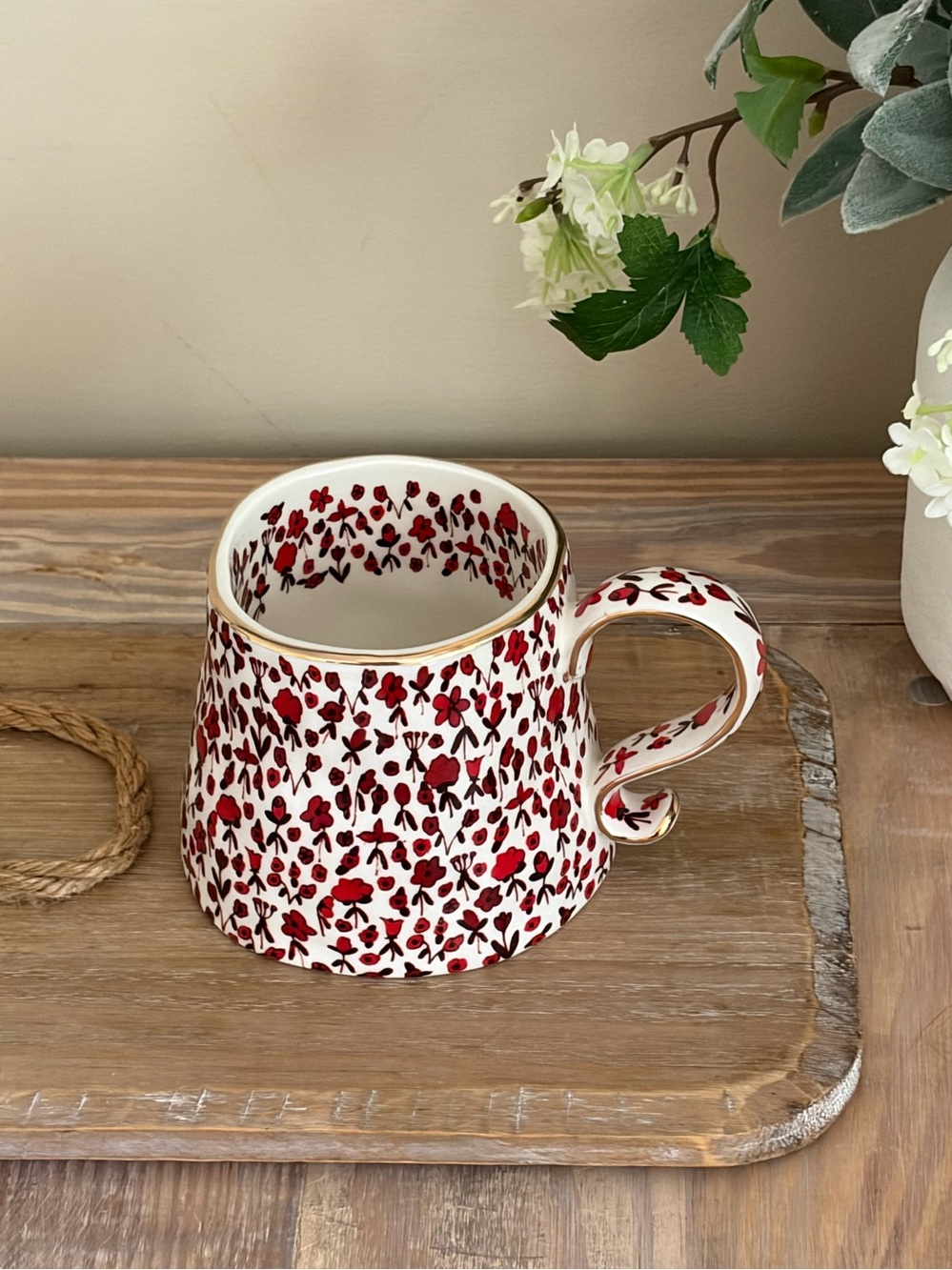 Anthropologie Mud Fairy Red Floral Hearts Stoneware Mug ♥️🆕